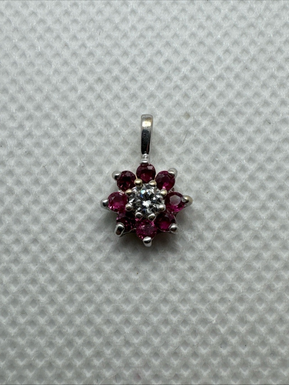 10k White Gold Genuine Round Ruby and Diamond Vintage Style Halo Pendant